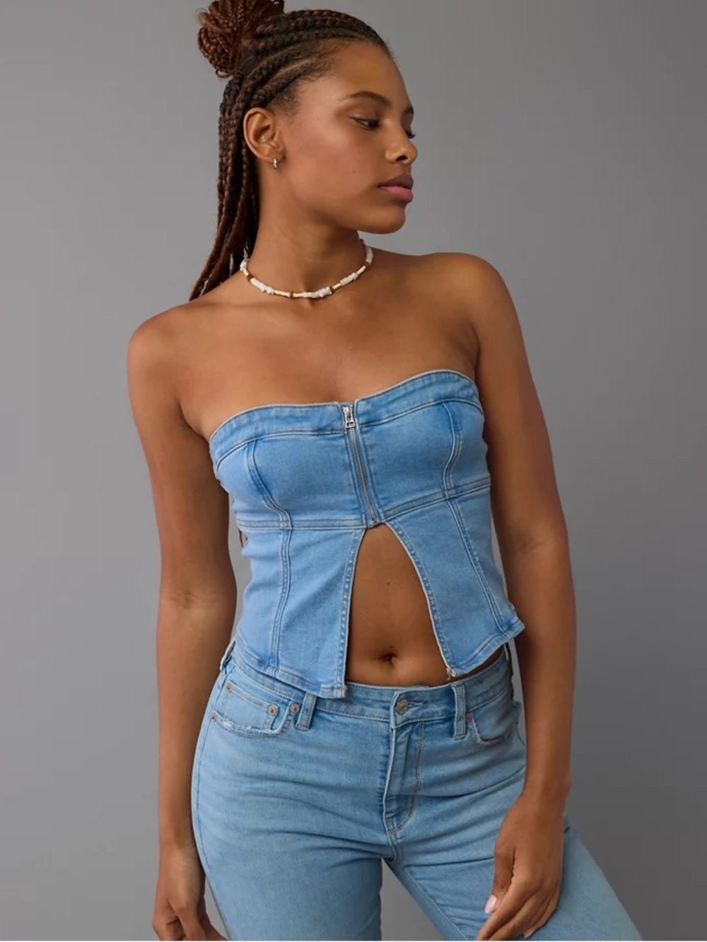 American Eagle Denim Zip-Front Tube Top Size L